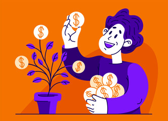 Young man has a pot with a money tree, vector concept of savings and investments, return on investment, finance. - 745743577