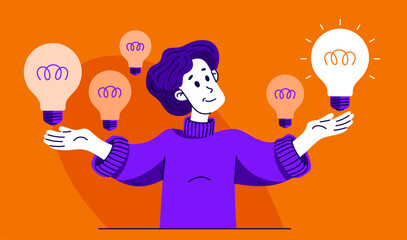 Young boy having a lot of ideas and choosing best one to solve some problem, vector illustration of a young person who is choosing between different ideas which one is working. - 745743589