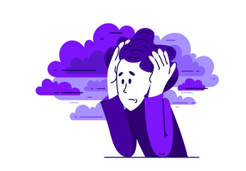 Young man feeling stressed and uncomfortable, vector illustration of a person having mental disorder panic and anxiety, psychological problems. - 745743596