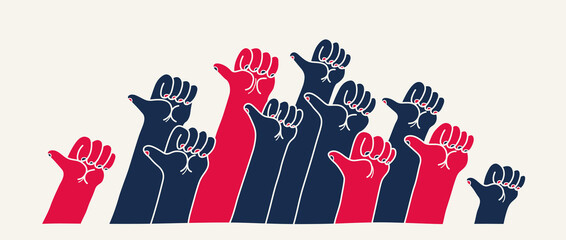 Raised hands with like thumb up button, vector illustration of a group of people showing thumb up gesture, social assessment of society concept. - 745743739