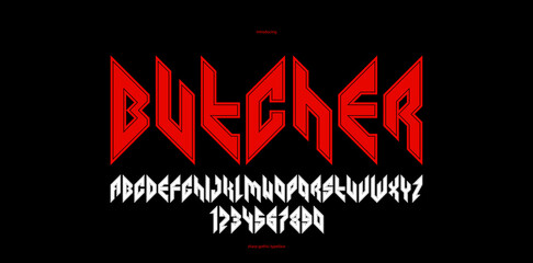 Sharp and bold gothic font for logo creation of for headlines, edgy geometric modern vector typeface, heavy metal and hard rock style alphabet with numbers. - 745744314