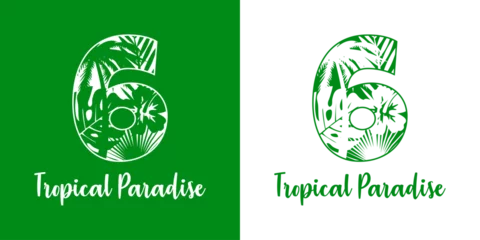 Fototapeten Logo destino de vacaciones. Mensaje Tropical Paradise con cifra número 6 con silueta de plantas tropicales © teracreonte