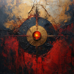 Circular Futuristic Grunge Texture Red, Black and Gold Fiery Emblem