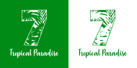 Fototapeten Logo destino de vacaciones. Mensaje Tropical Paradise con cifra número 7 con silueta de plantas tropicales © teracreonte