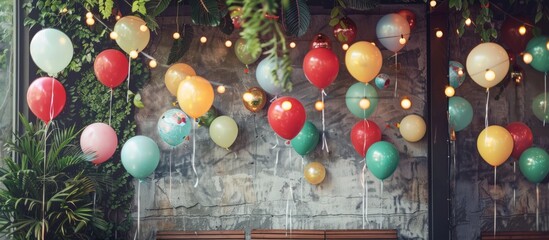 Colorful balloons on ages wall texture background. Generated AI image