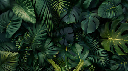 Background of group of dark green tropical leaves - Powered by Adobe