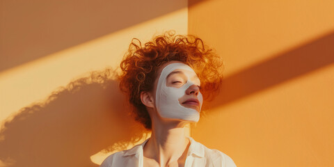 Beautiful redhead woman with spa facial mask, standing in sunlight with orange background