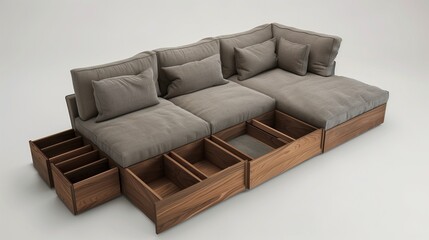 A sectional sofa with built-in storage compartments, showcasing minimalist Scandinavian design.