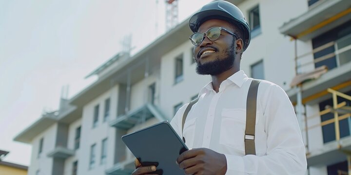 happy black engineer thinking and using his tablet at construction site