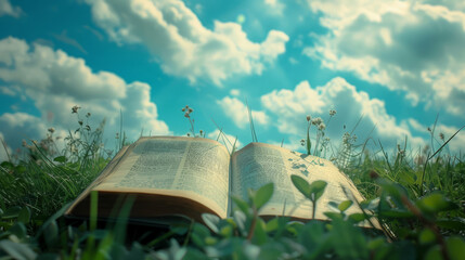 Open book in green grass over blue sky