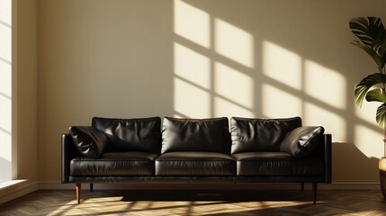 A sleek black leather sofa in a sunlit room, casting soft shadows against a cream wall.