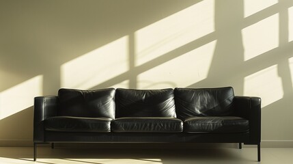 A sleek black leather sofa in a sunlit room, casting soft shadows against a cream wall.