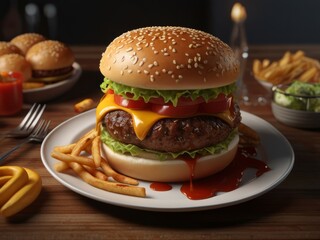 Hamburger and Fries on Plate on Table
