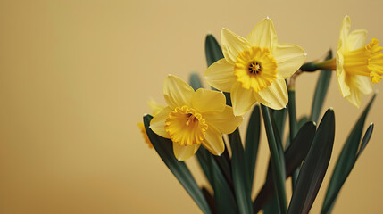 daffodils on yellow background with copy space on the right side, the national flower of Wales and a symbol strongly associated with St. David's Day - AI Generated