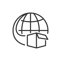 Shipping a parcel around the world, linear icon. Globe and box. Line with editable stroke