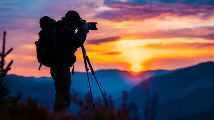 Silhouette of a man with a backpack holding the camera on the top of the hills. World Photography Day