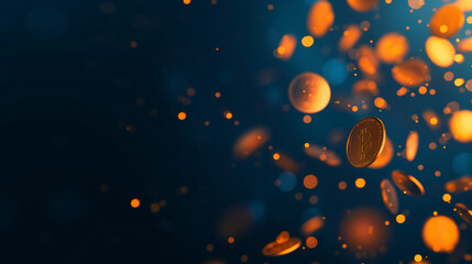 Falling money.  Falling coins with blue background.  - obrazy, fototapety, plakaty