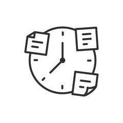 Tasks and plans on the clock, linear icon. Notes on the clock. Planning and tasks. Line with editable stroke
