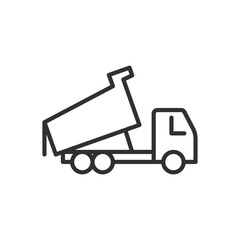 Tipper truck with raised dump bed, linear icon. Line with editable stroke