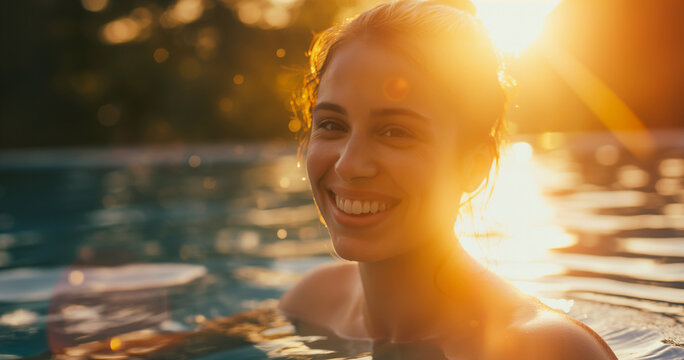 Lifestyle portrait of woman skinny dipping at sunset in resort pool, on summer vacation