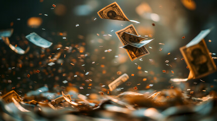 Falling money. Money rain. Falling banknotes - obrazy, fototapety, plakaty