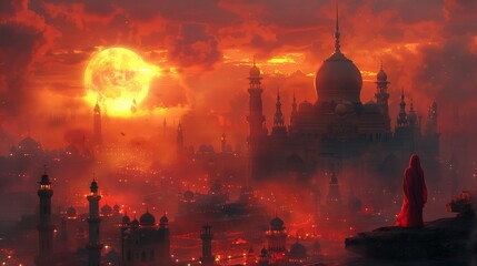 Obraz premium the sun is setting over a city with a castle in the background
