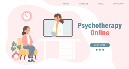 Naklejka na ściany i meble Psychotherapy online, a woman talking to a psychologist on the screen. Mental health banner or landing page template. Illustration, vector