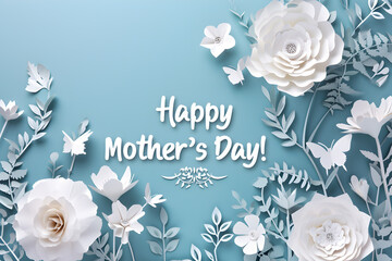 Mother's day concept - white flowers in made of paper style, solid color background