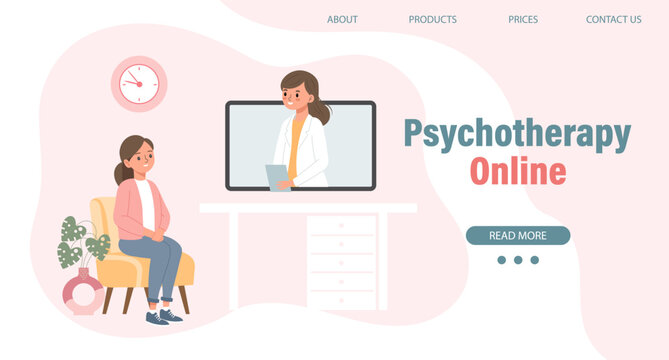 Psychotherapy online, a woman talking to a psychologist on the screen. Mental health banner or landing page template. Illustration, vector