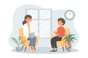 Psychotherapy online, a boy talking to a psychologist on the screen. Mental health banner or landing page template. Illustration, vector
