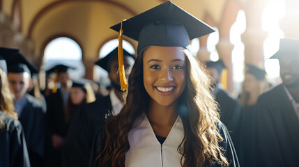 Portrait of a brunette female student graduate on graduation day at the university.