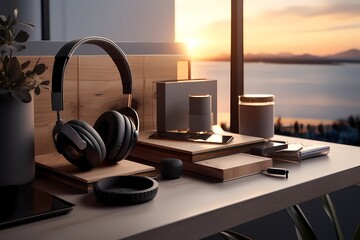 Clean and modern desk setup with attention to an elegant Bluetooth headphone stand - Powered by Adobe