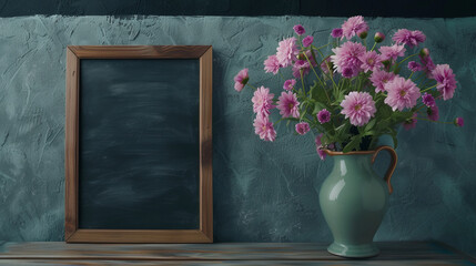 Teacher's day background. Black chalk board frame empty copy space and fresh flowers in vase