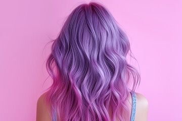 Fototapeta premium Portrait of a young woman with purple wavy hair on pink background, rear view.