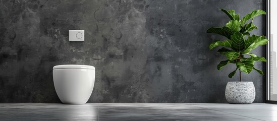 White clean new ceramic toilet bowl in a bathroom grey wall background. Generated AI image - obrazy, fototapety, plakaty