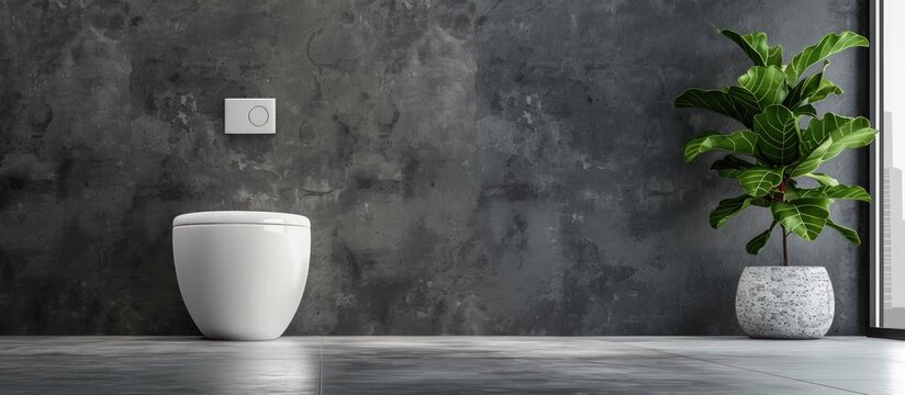 White clean new ceramic toilet bowl in a bathroom grey wall background. Generated AI image