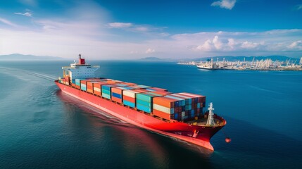 Container ship business freight import export logistic and transportation by container ship, Aerial front view container cargo freight shipping maritime  transport in marine - obrazy, fototapety, plakaty