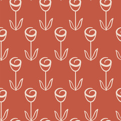 Cute hand drawn minimal linear flowers seamless vector pattern illustration on brown background  - 745749975