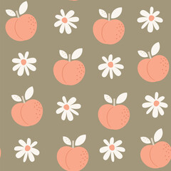 Cute hand drawn pastel peach and daisy flowers seamless vector pattern illustration on green background - 745749982