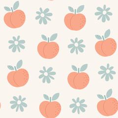 Cute hand drawn pastel peach and daisy flowers seamless vector pattern background illustration - 745749990