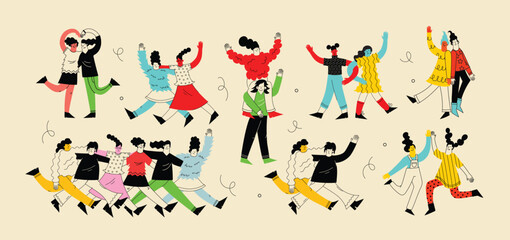 Group of smiling woman enjoying friendship, support and cooperation isolated. Funny people demonstrate gesture of unity. Happy diverse female friends together vector flat illustration.