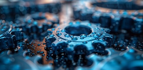 Macro photography showing a gear covered in water drops