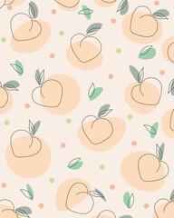Vector seamless pattern with peaches. Trendy hand drawn textures.Peach Fruit watercolor element. Isolated peaches , fruits, leaves.Apricot vector drawing pattern.Hand drawn fruit.
