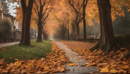 Naklejka na ściany i meble Leaves on footpath amidst trees during autumn.