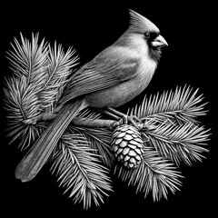 Cardinal birds sitting on a branch of a pine coniferous tree with cones, black and white image. Image to be engraved on a black background.
