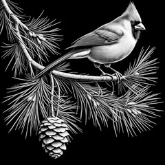 Cardinal birds sitting on a branch of a pine coniferous tree with cones, black and white image. Image to be engraved on a black background.