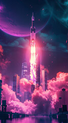 Rocket launch from a neon lit megacity piercing the night as citizens watch in awe from floating platforms
