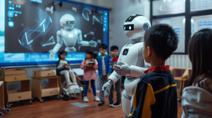 Fototapeta na wymiar Robots teaching children in a high tech classroom interactive hologram lessons