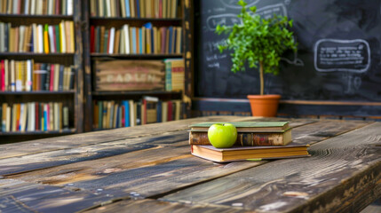 Rustic wooden table with books, an apple, and a potted plant, with a bookshelf and blackboard in the background.