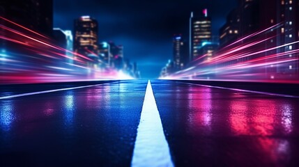 Fototapeta premium Dark street, reflection of neon light on wet asphalt. Rays of light and red laser light in the dark. Night view of the street, the city. Abstract dark blue background